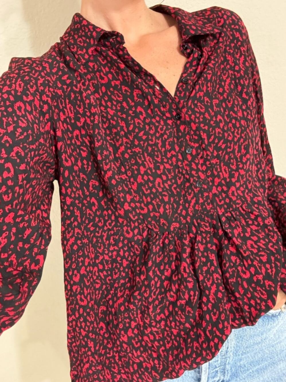 Gerard Darel Red and Black Cheetah Print Flowy Blouse Size XS
